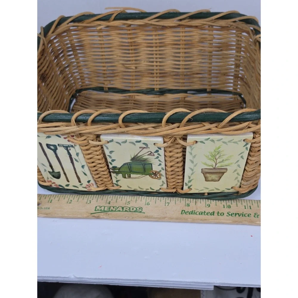 Woven Wicker Basket With Painted Ceramic Tile Accents Gardening Theme Handles